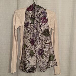 Clee Beautiful Watercolor Vines Floral White Gray Purple Pink Green Neck Scarf